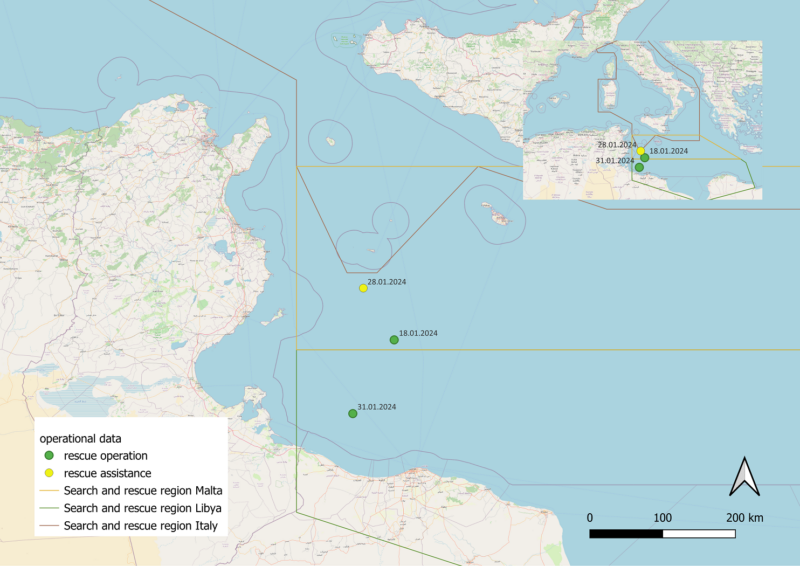 Karte von den Such- und Rettungszonen Malta, Libyen und Italien.